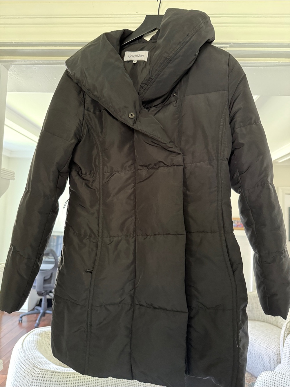 Women’s Medium Calvin Klein Black Longline Puffer Coat with Wrap Collar